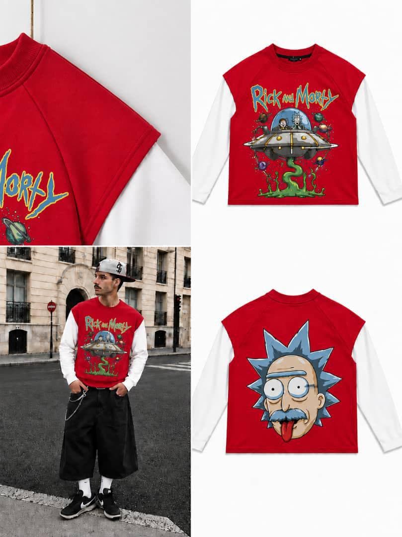 Red Rick and Morty raglan long sleeve on model and flat lays showing spaceship front and Rick face back.