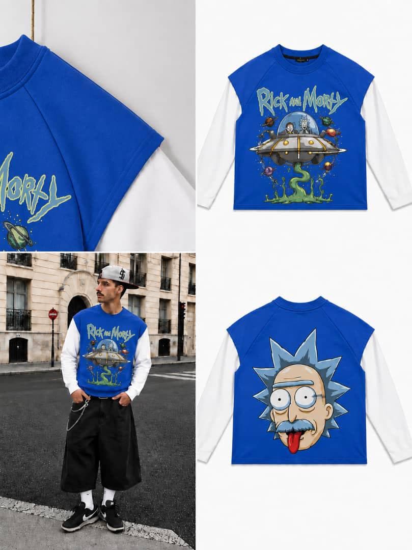Blue Rick and Morty raglan long sleeve on model and flat lays showing spaceship front and Rick face back.