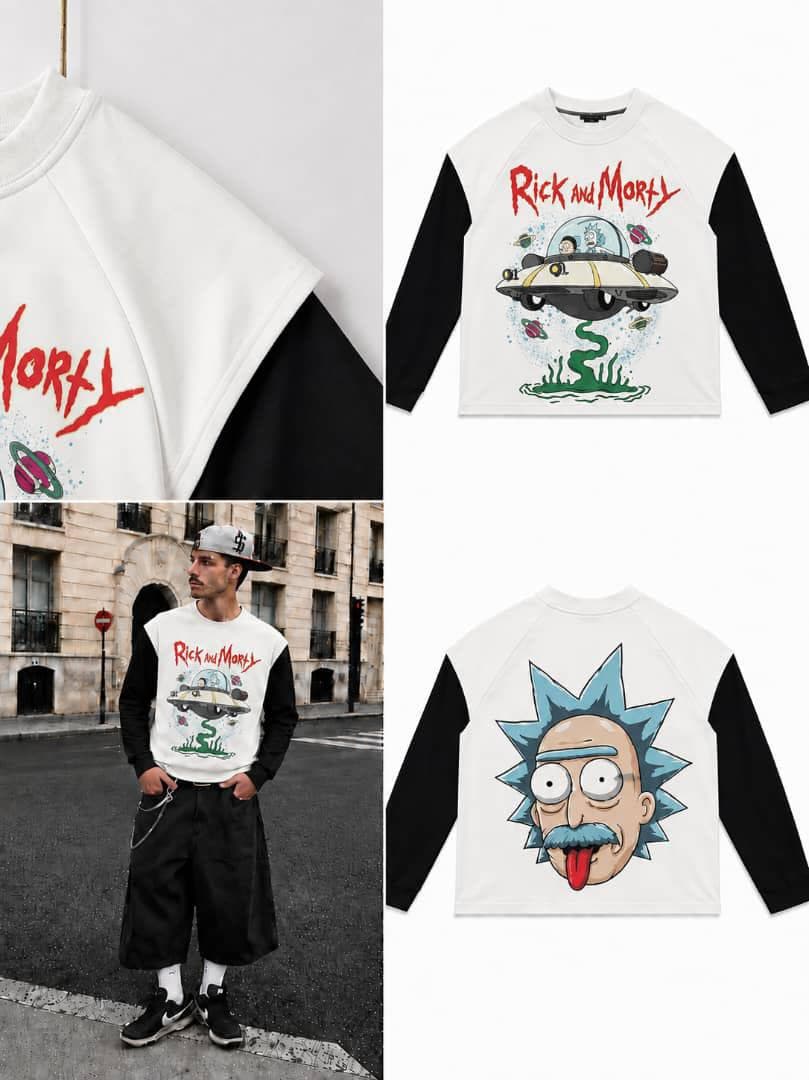 White Rick and Morty raglan long sleeve with black sleeves on model and flat lays showing spaceship front and Rick face back.
