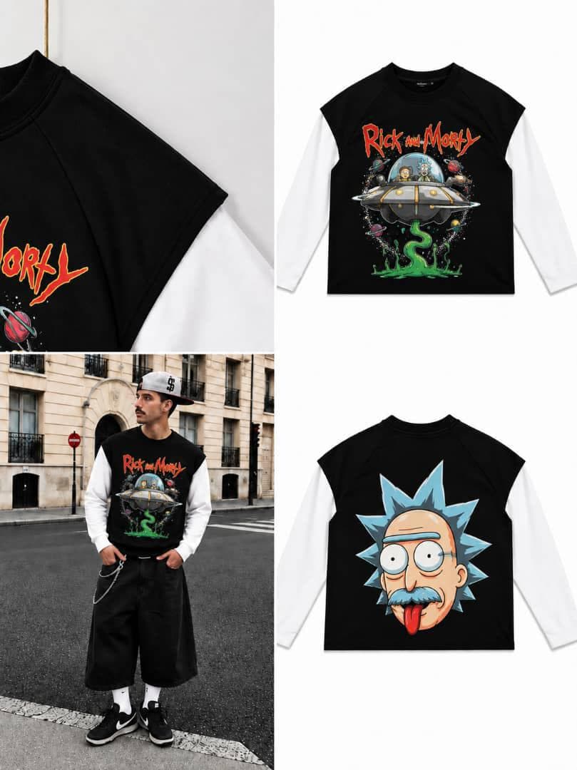 Black Rick and Morty raglan long sleeve on model and flat lays showing spaceship front and Rick face back.