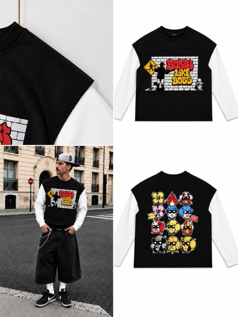 Black Bobbs Like Bobs raglan long sleeve on model and flat lays showing front graffiti and back cartoon grid.