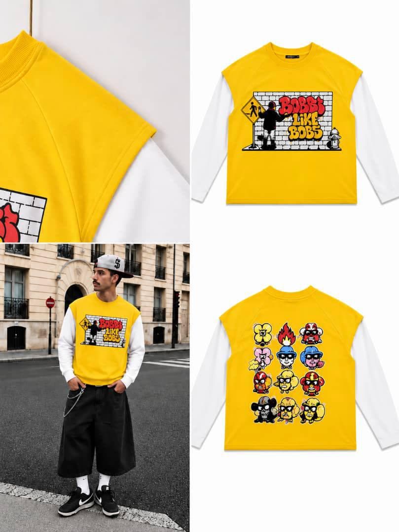 Yellow Bobbs Like Bobs raglan long sleeve on model and flat lays showing front graffiti and back cartoon grid.