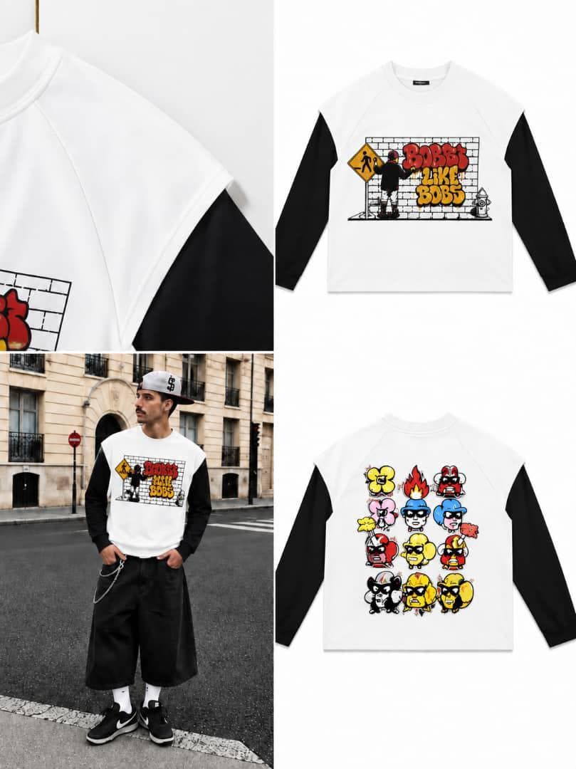 White Bobbs Like Bobs raglan long sleeve with black sleeves on model and flat lays showing front graffiti and back cartoon grid.
