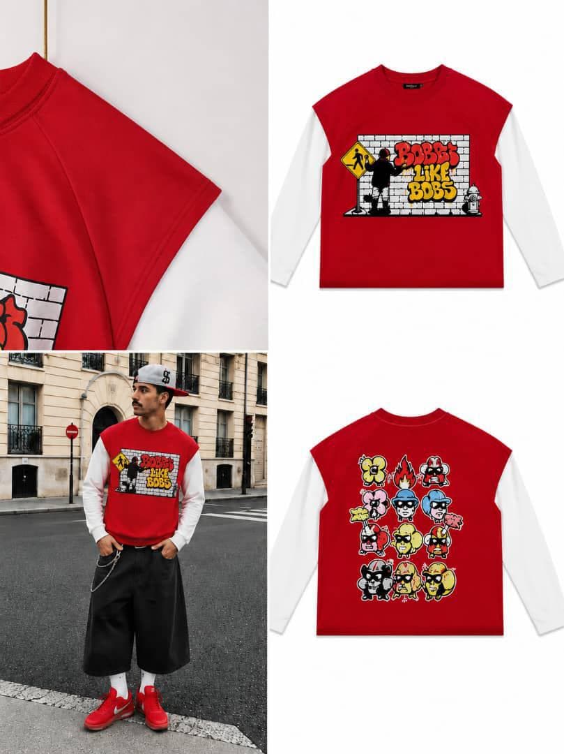 Red Bobbs Like Bobs raglan long sleeve on model and flat lays showing front graffiti and back cartoon grid.