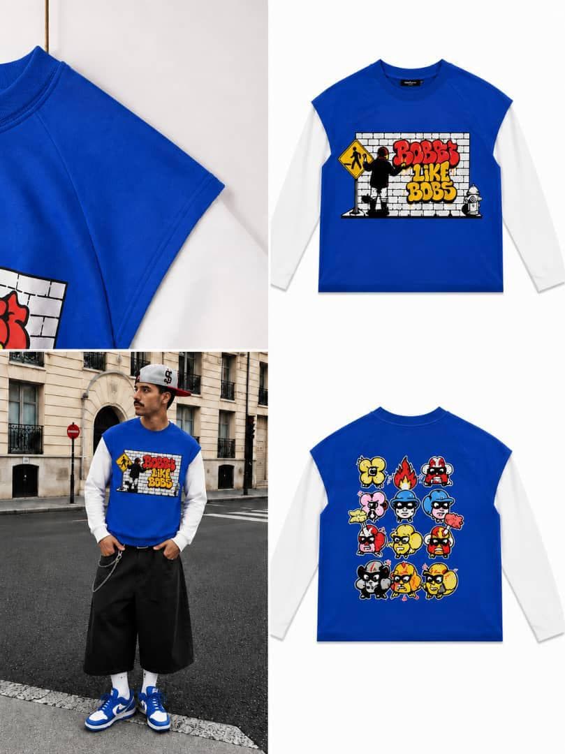 Blue Bobbs Like Bobs raglan long sleeve on model and flat lays showing front graffiti and back cartoon grid.
