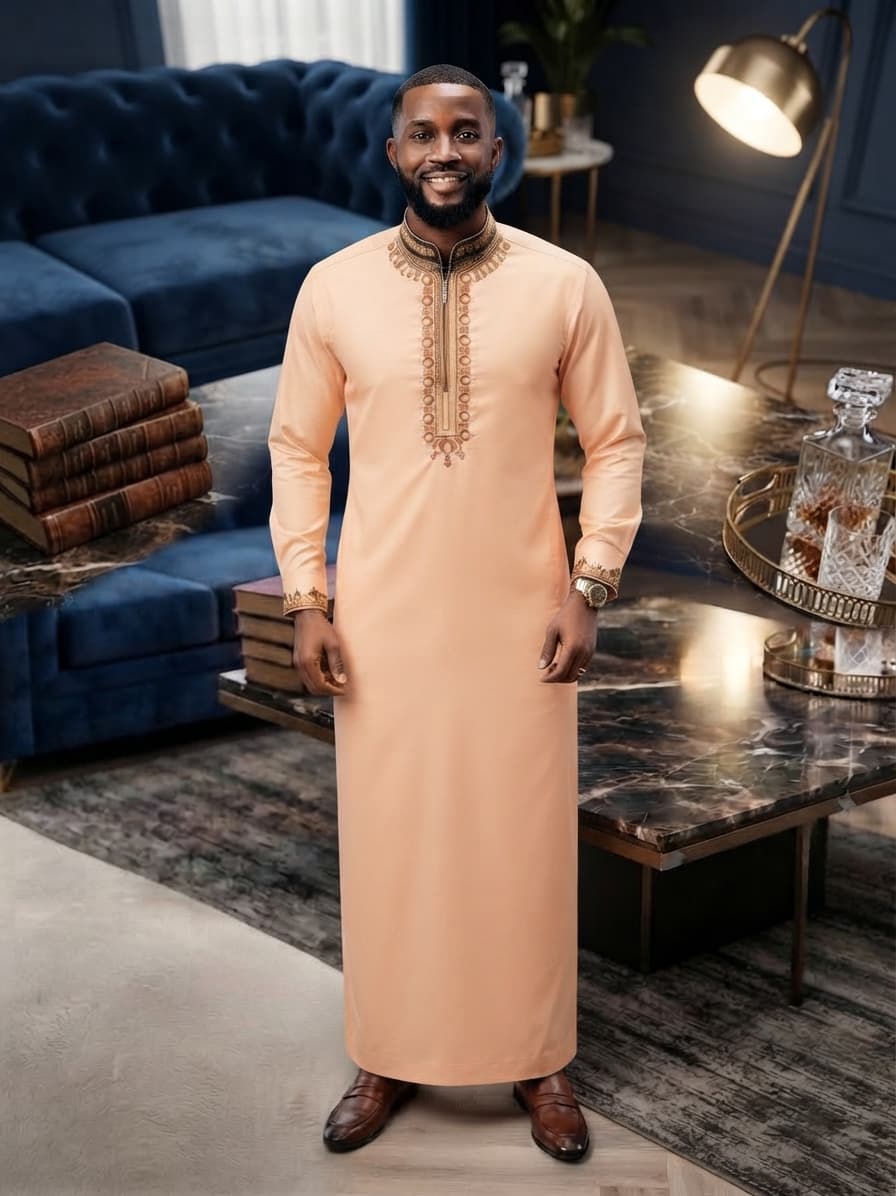 Model wearing peach embroidered kaftan with gold details.