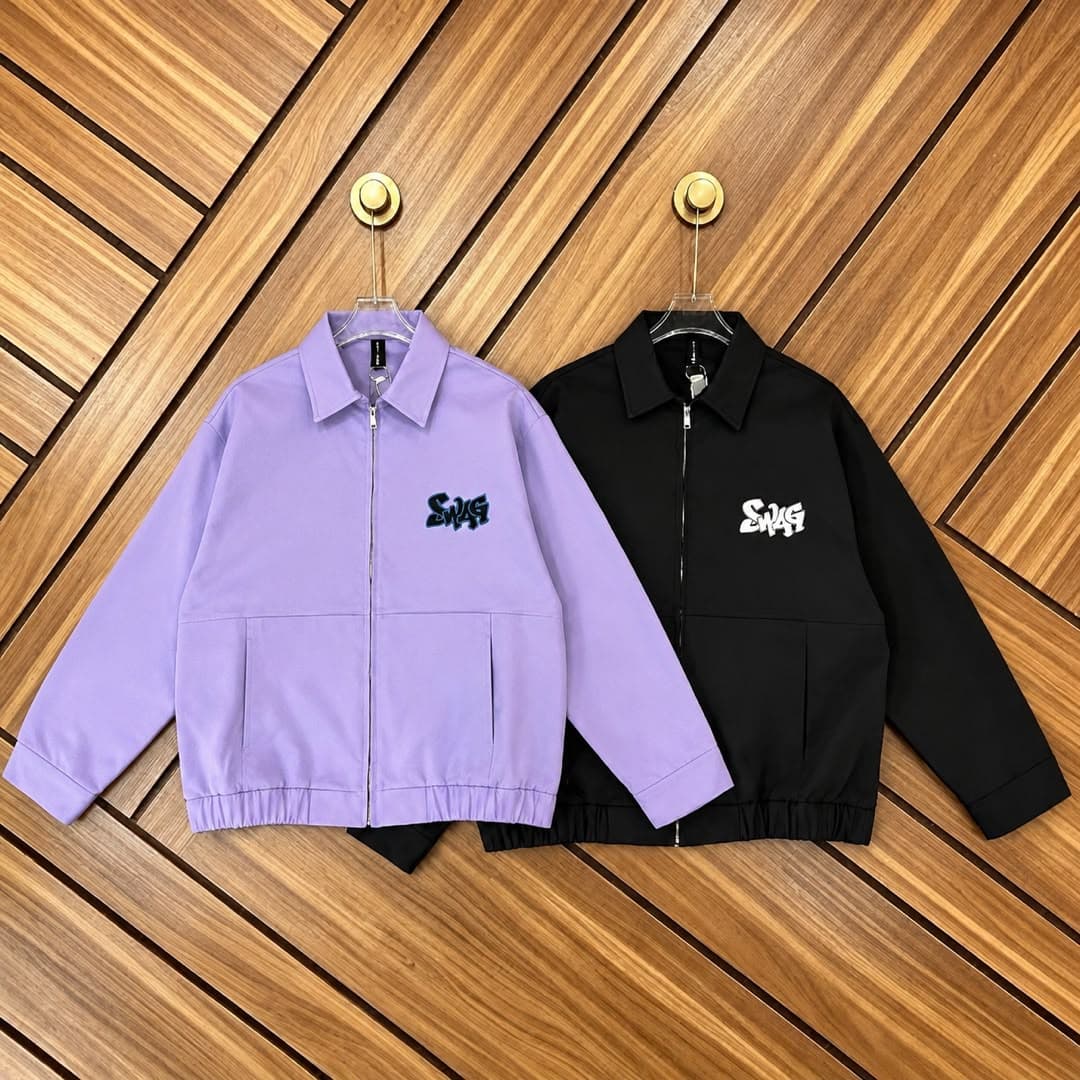Purple and black unisex zip-up jackets with SWAG logo on chest, shown side by side.