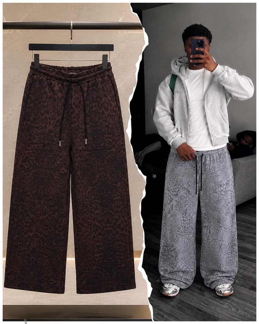 Brown all-over print joggers shown flat on hanger and worn by model.