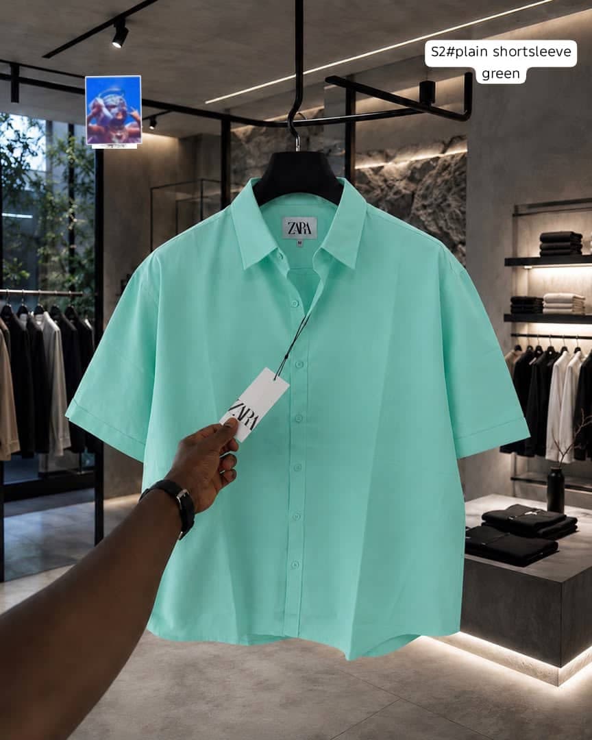 Zara plain short sleeve shirt in green on hanger.