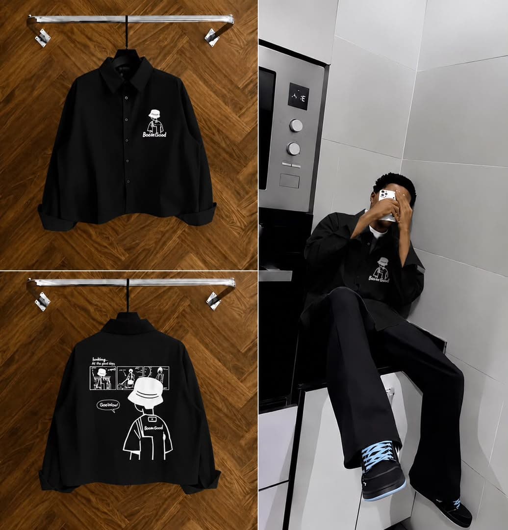 Black oversized graphic button-up shirt shown on hanger from front and back, plus worn by model.