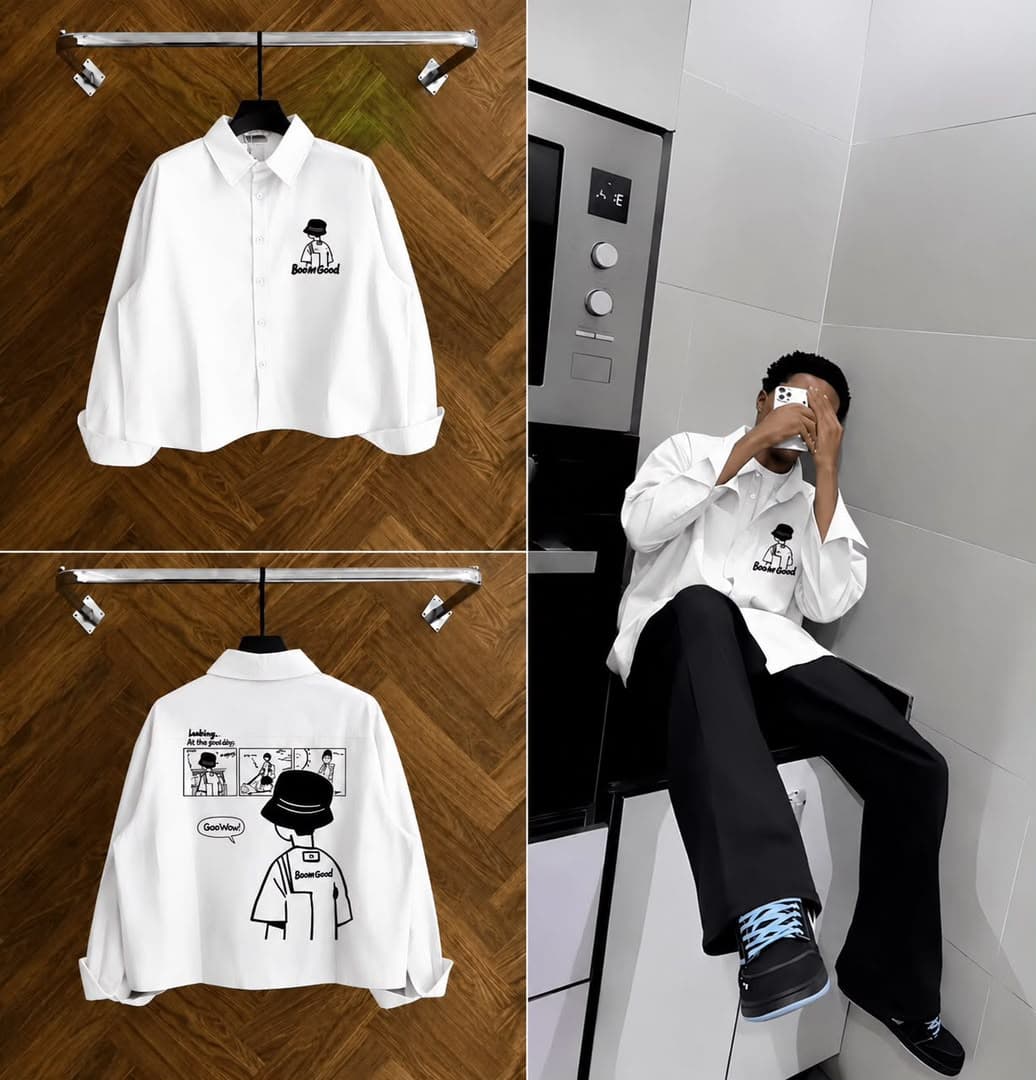 White oversized graphic button-up shirt shown on hanger from front and back, plus worn by model.