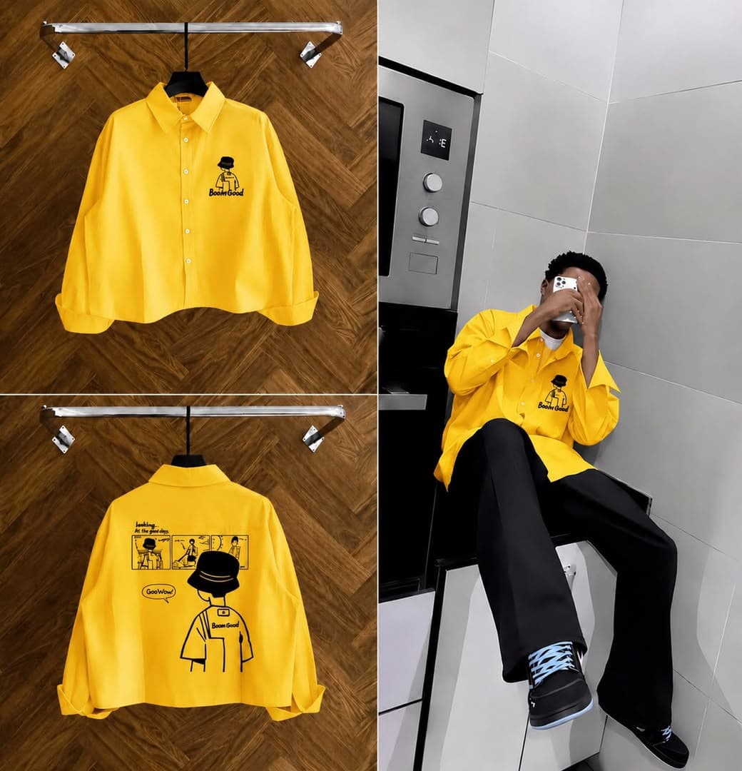 Yellow oversized graphic button-up shirt shown on hanger from front and back, plus worn by model.