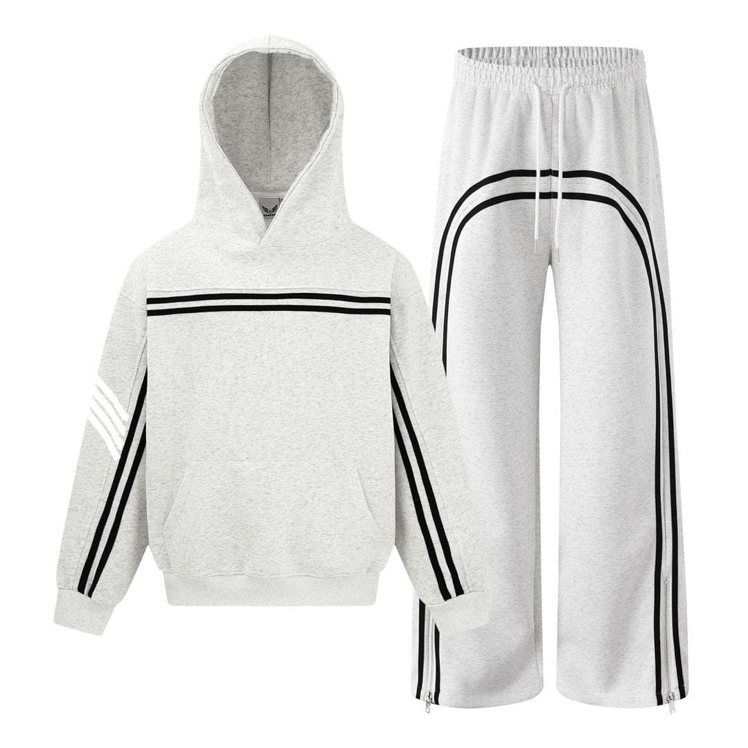 Light gray hoodie with black stripes and matching pants with side zippers shown flat.