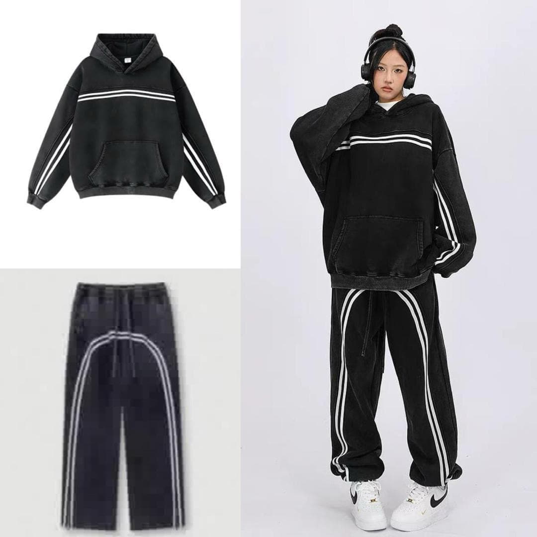Black striped hoodie and joggers two-piece set shown in flat lays and on model.