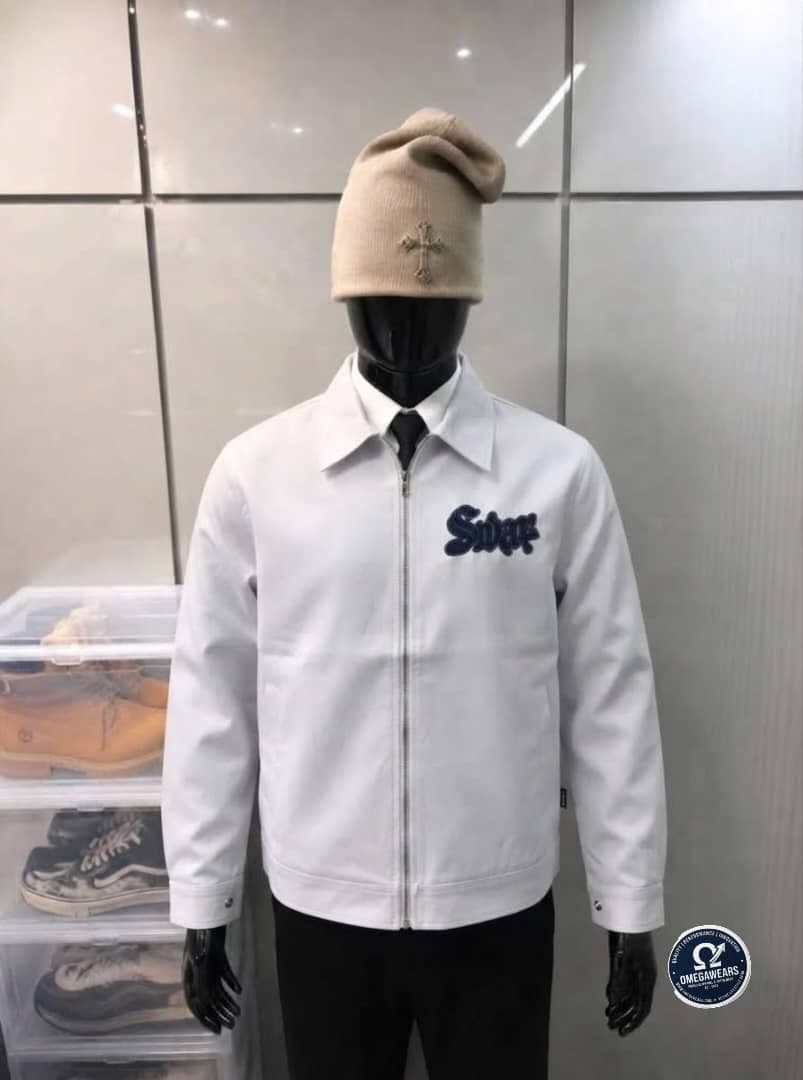 White Swag embroidered zip-up jacket on mannequin.