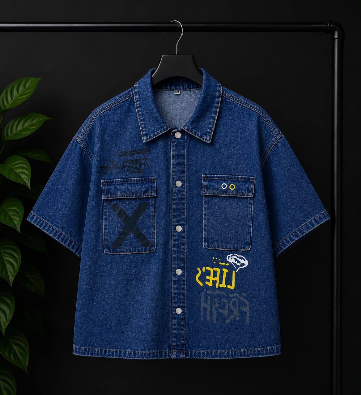 Blue denim short-sleeve button-up shirt with multiple graphic prints, X and text details.