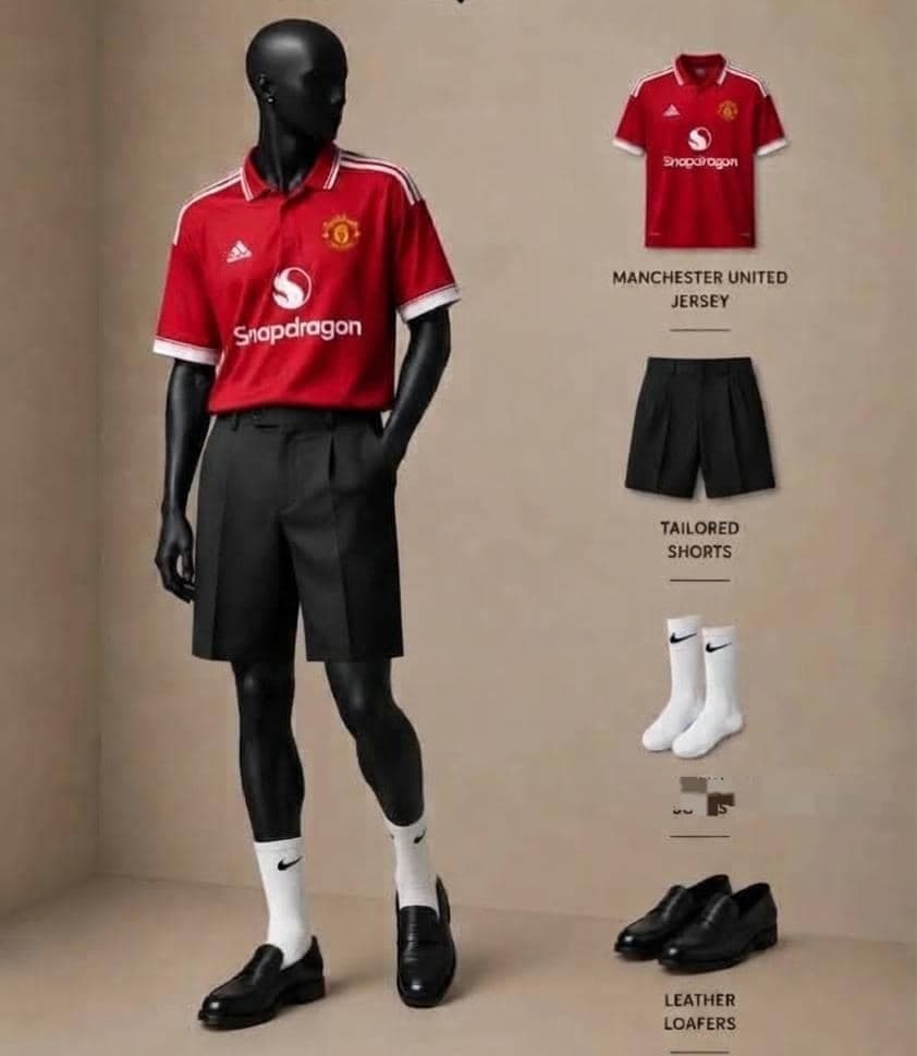 Mannequin in Manchester United red jersey with black pleated shorts, socks and loafers.