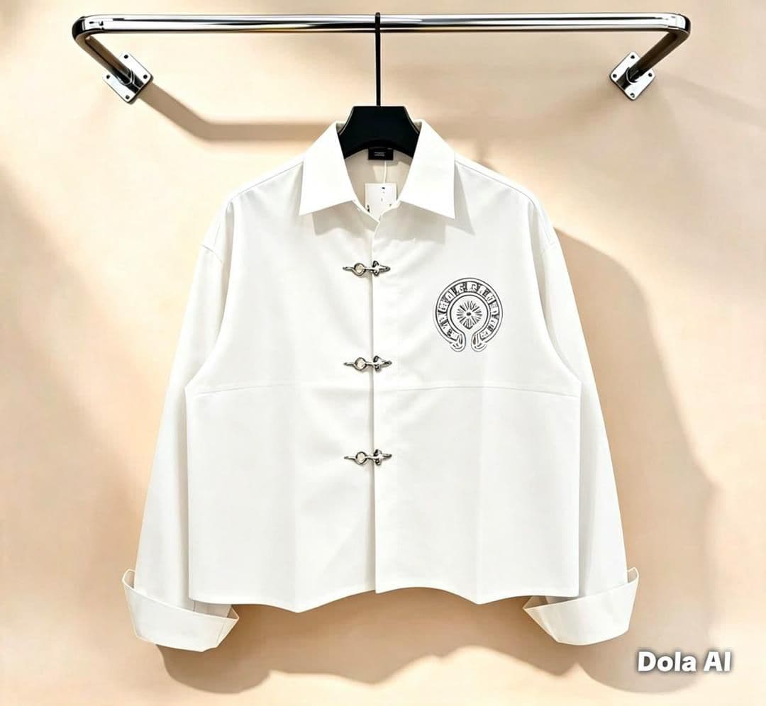 White cropped toggle button shirt with embroidered chest graphic.