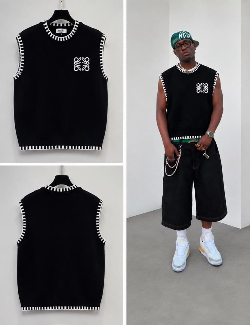 Black sleeveless knit vest with white striped trim and embroidered logo shown on hangers and model.