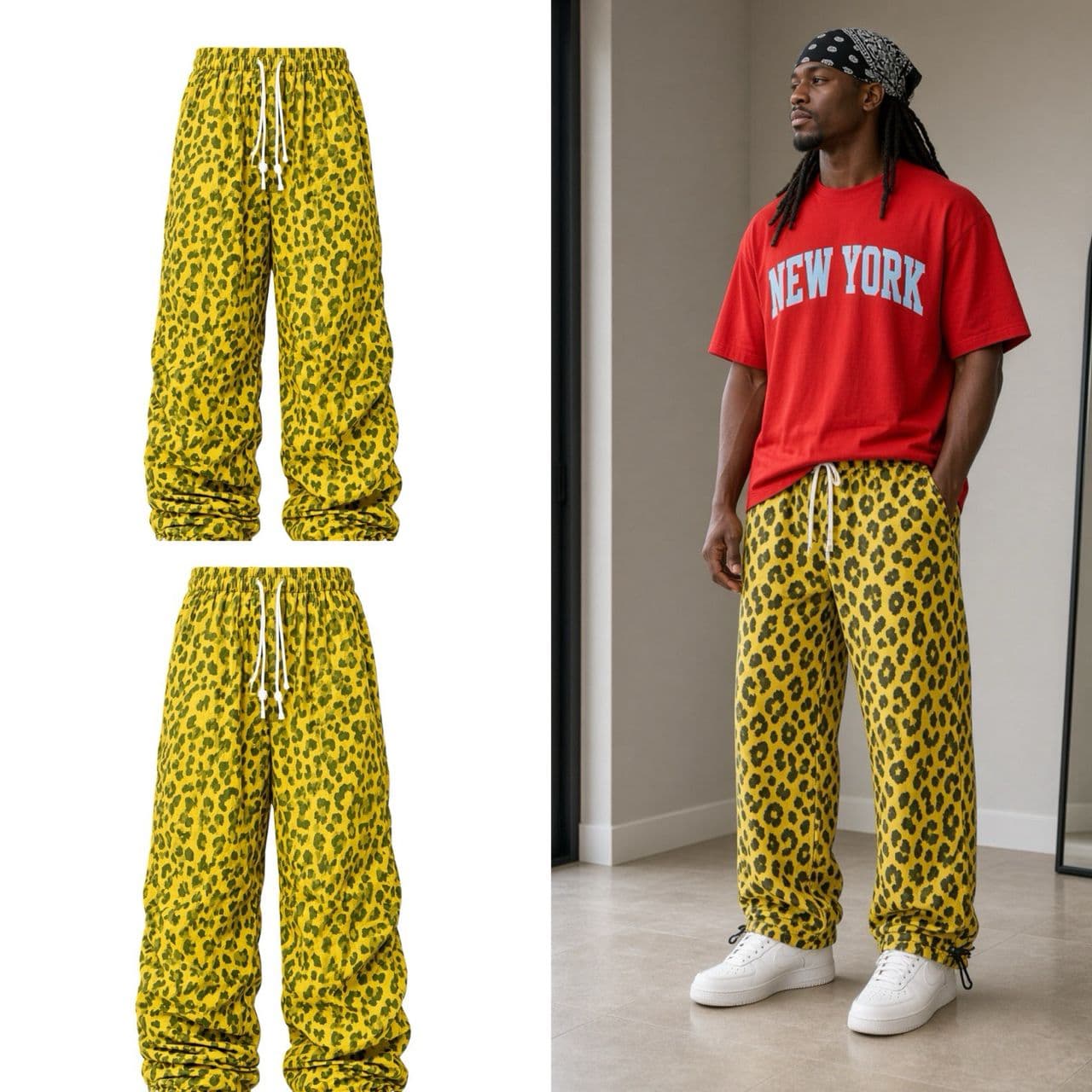 Model wearing yellow leopard print joggers with red t-shirt.