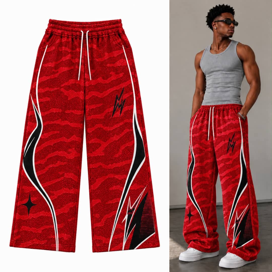 Red camo lightning graphic joggers in flat lay and on model.