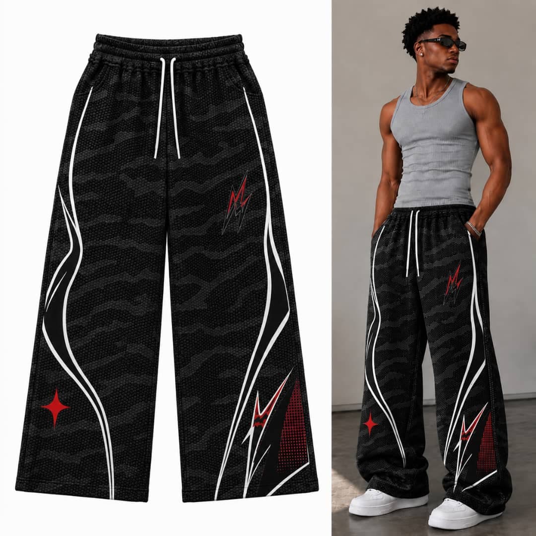 Black camo lightning graphic joggers in flat lay and on model.