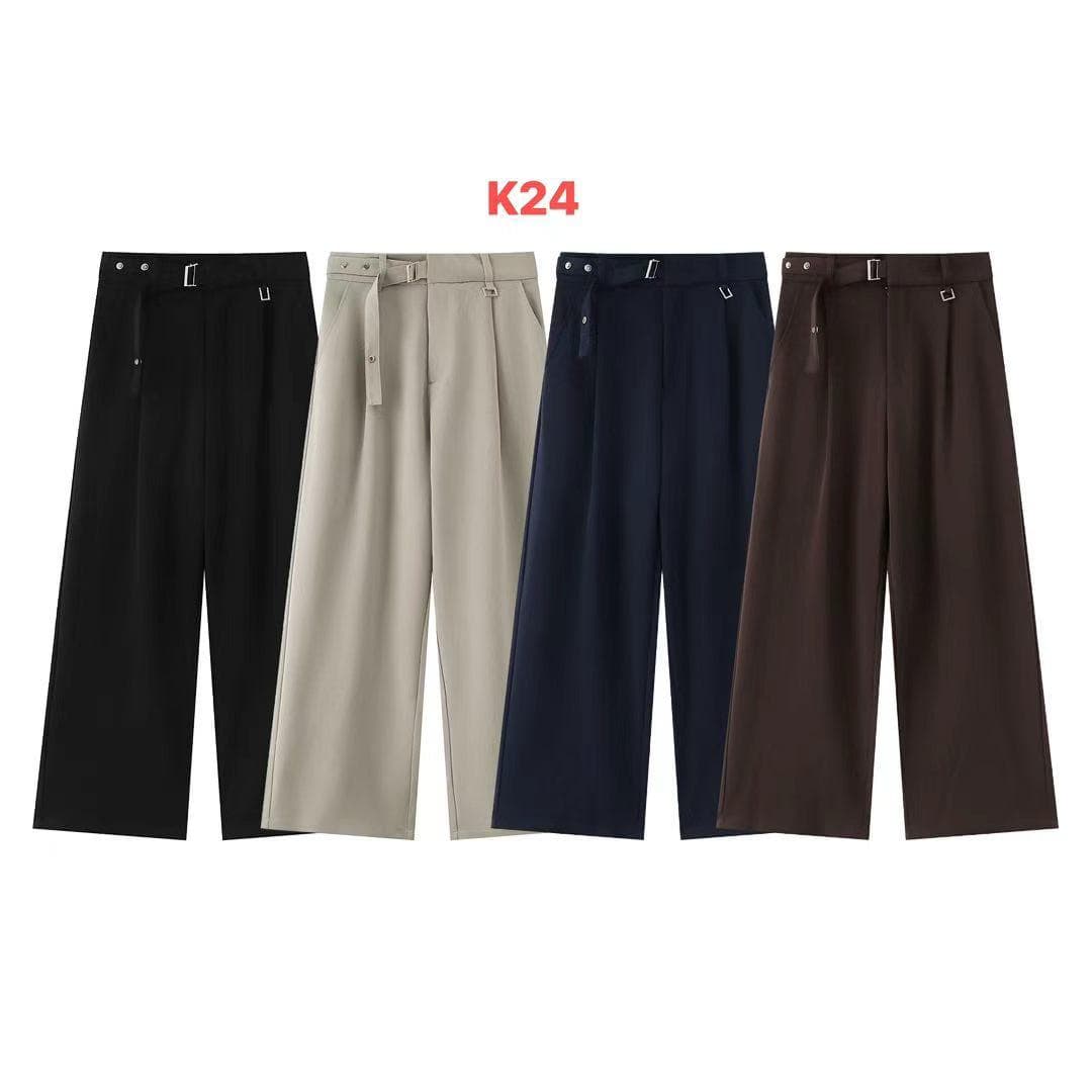Four wide-leg trousers in black, beige, navy, and brown with belts and pleats.