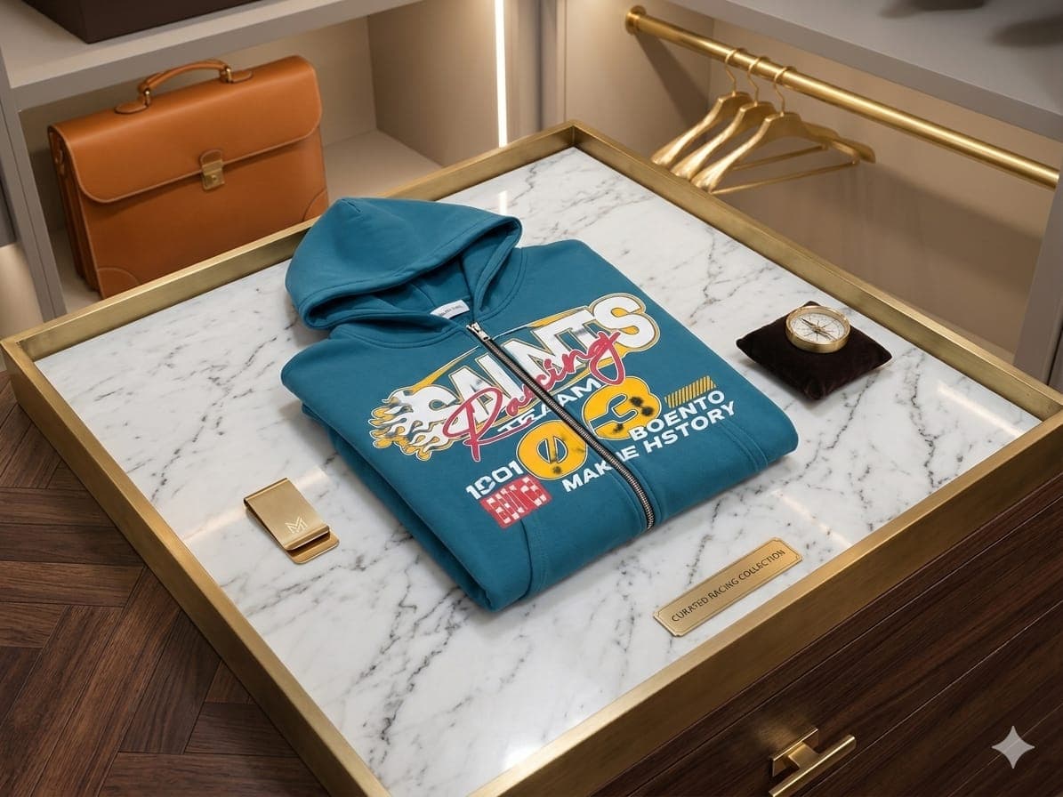 Folded teal racing cropped zip hoodie displayed in gold tray with accessories.