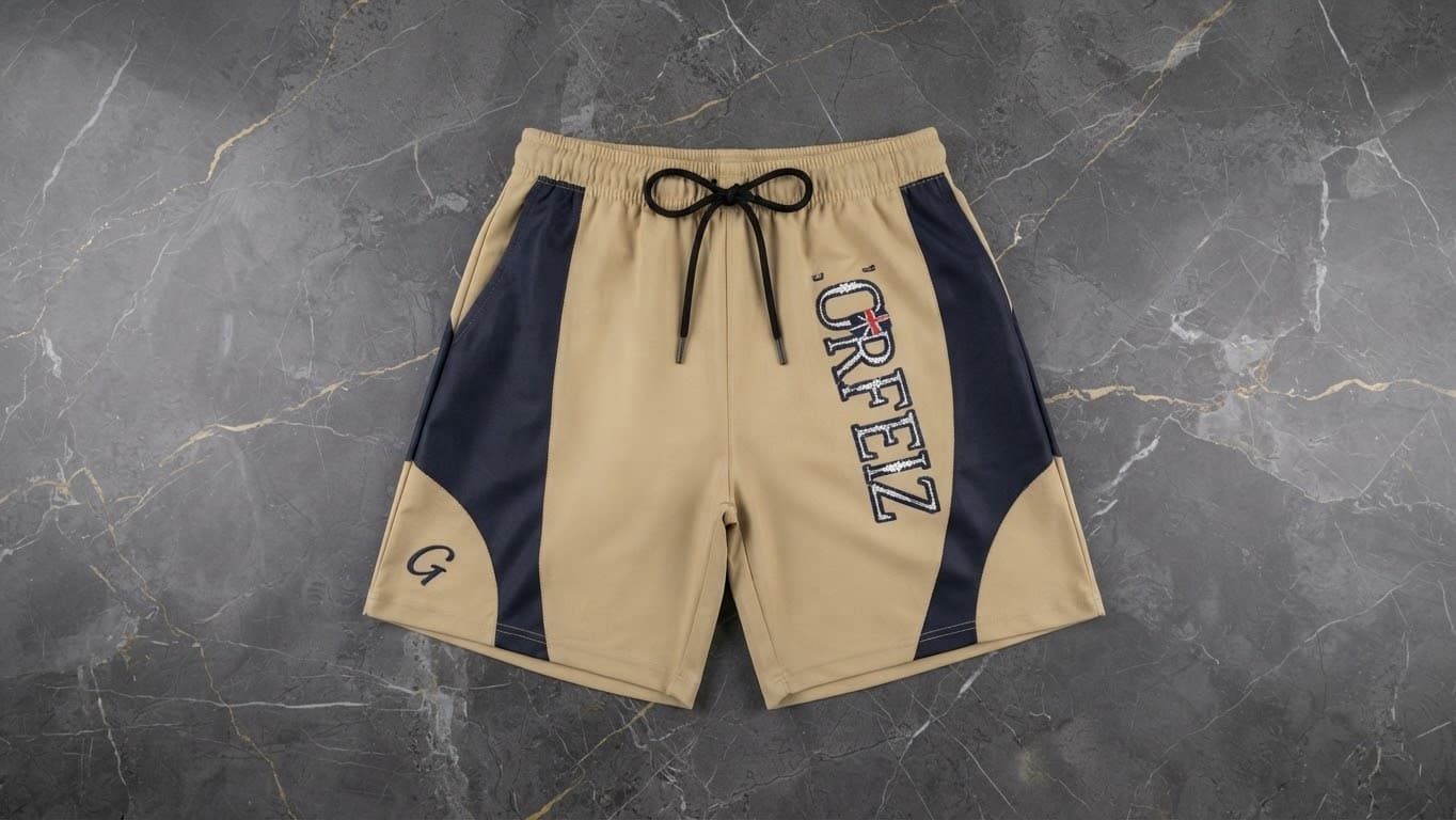 Beige and navy GREFEIZ printed colorblock shorts on marble surface.