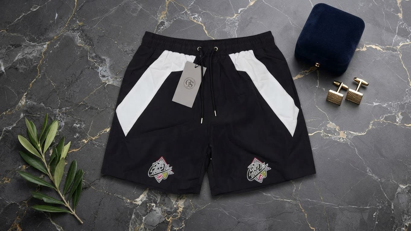 Black contrast panel shorts with embroidered crests on marble background.