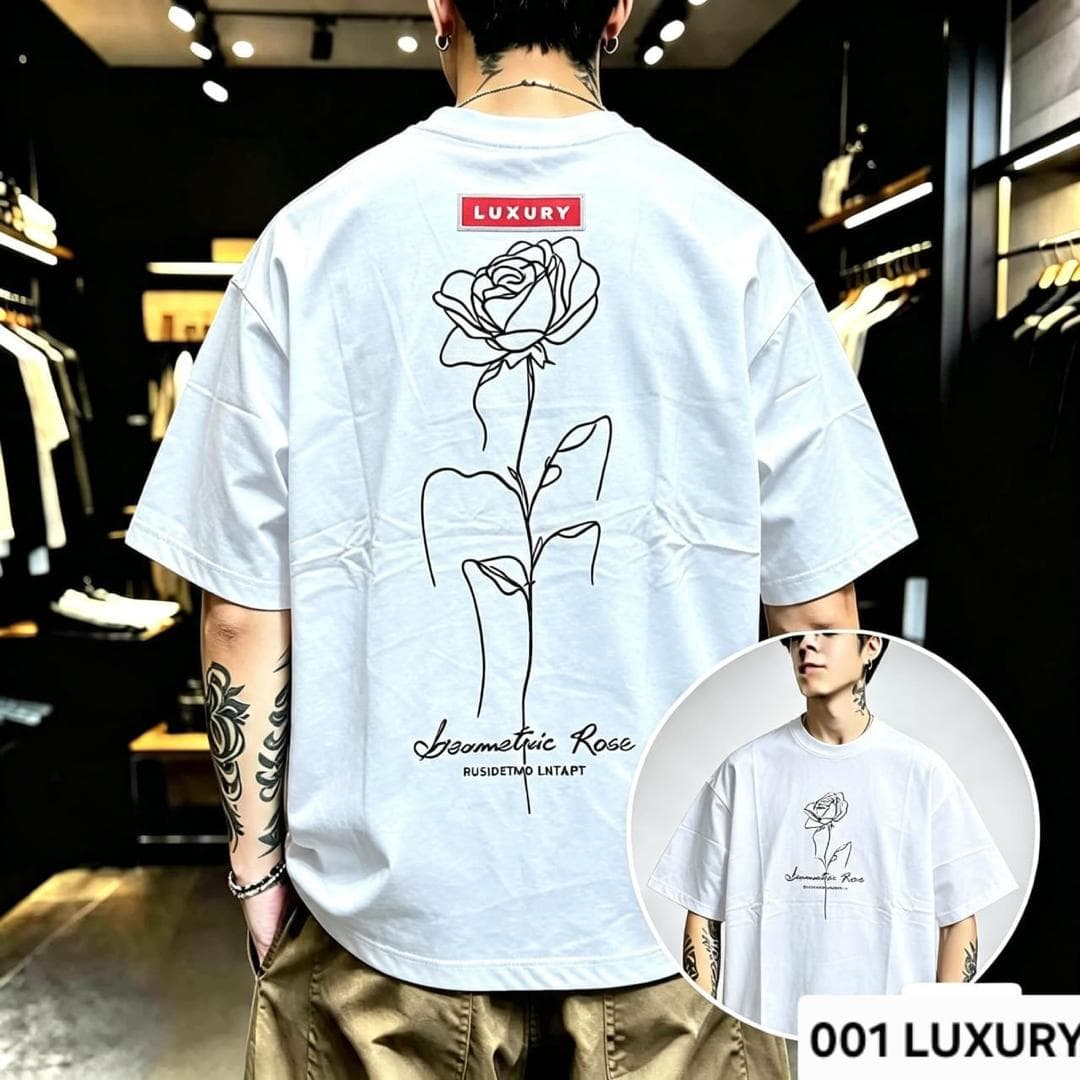 Man modeling white oversized t-shirt with geometric rose line art on the back.