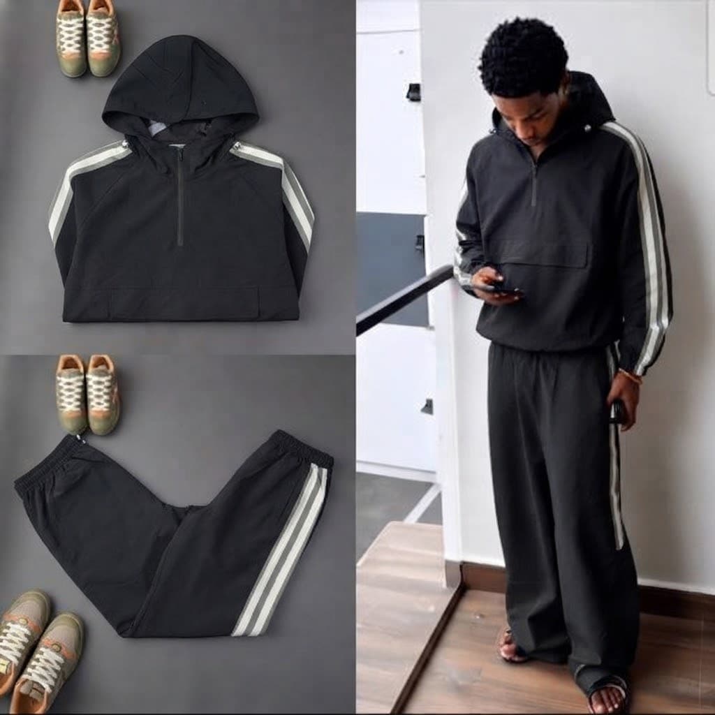 Black striped hooded track suit shown in flat lay and on male model.