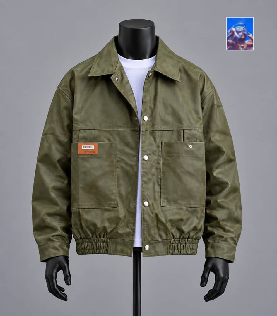Olive green utility jacket with pockets and chest label on mannequin.