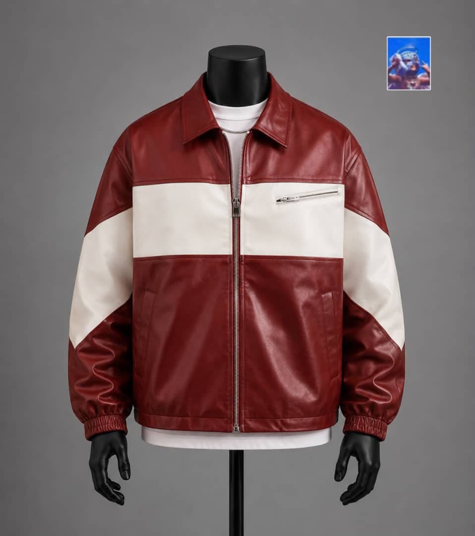 Burgundy and cream colorblock faux leather bomber jacket on mannequin.