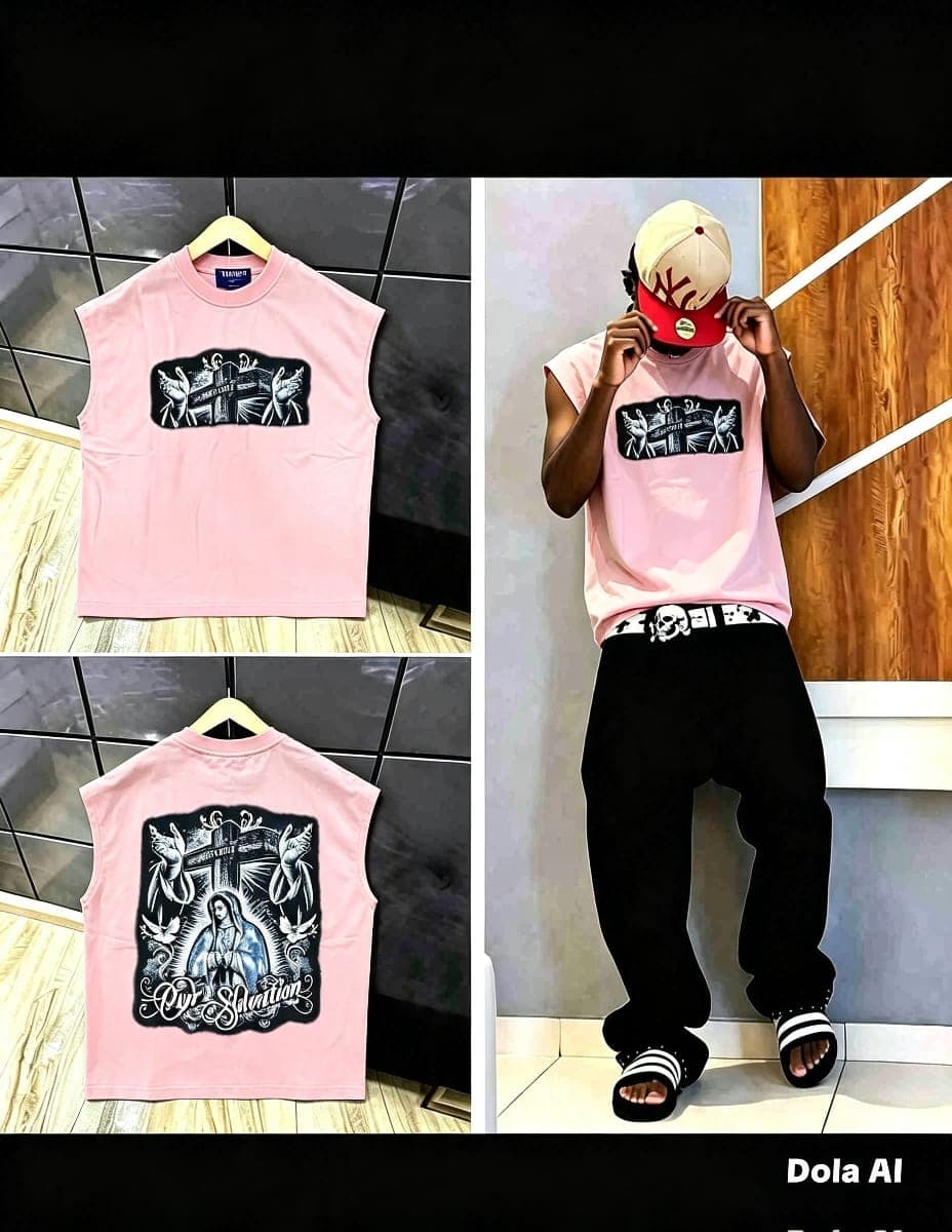 Gray sleeveless t-shirt with skateboard graphic on front, quote on back, and model view.