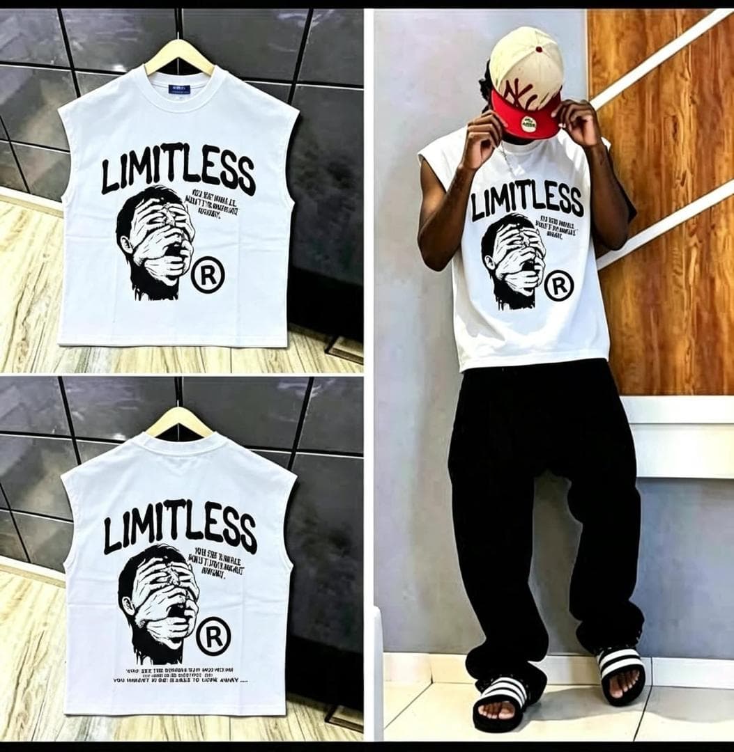 Gray sleeveless t-shirt with Limitless graphic on front, back design, and model view.