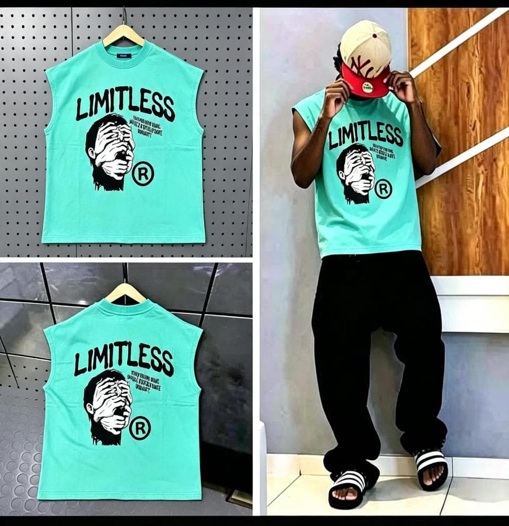 Navy sleeveless t-shirt with Limitless graphic on front, back design, and model view.