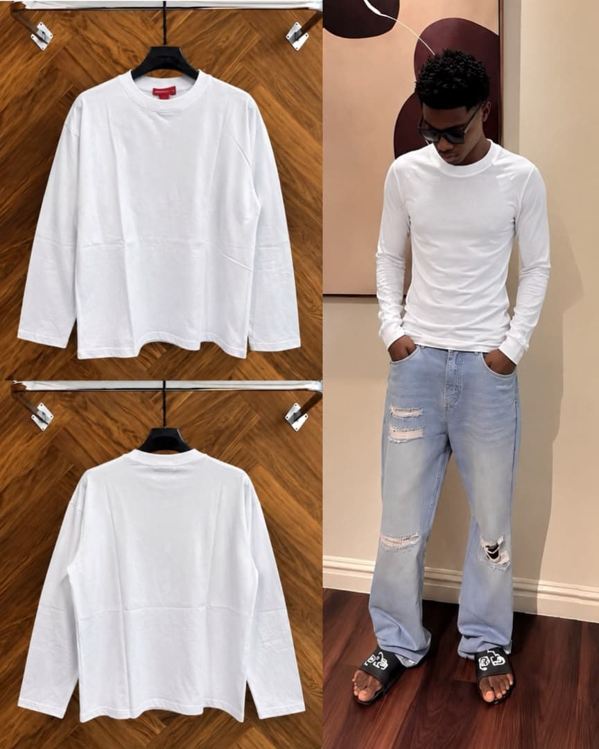 Front, back, and model views of black plain fitted long sleeve top.