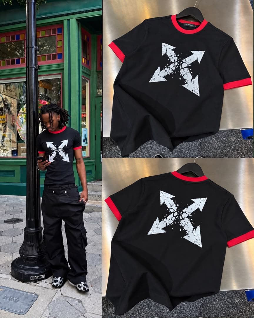 Collage of model in black cracked arrows graphic t-shirt on street plus front and back flat lays.