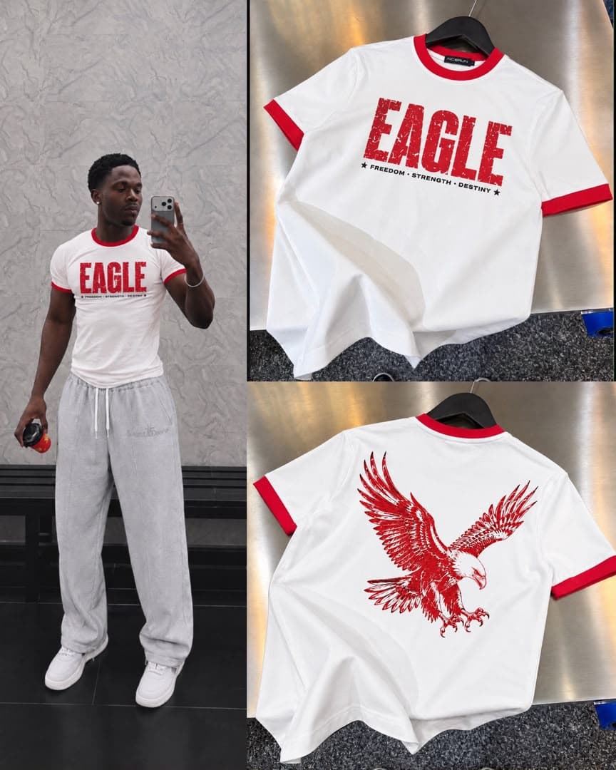 Collage of model wearing white eagle graphic t-shirt plus front flat with text and back flat with eagle print.