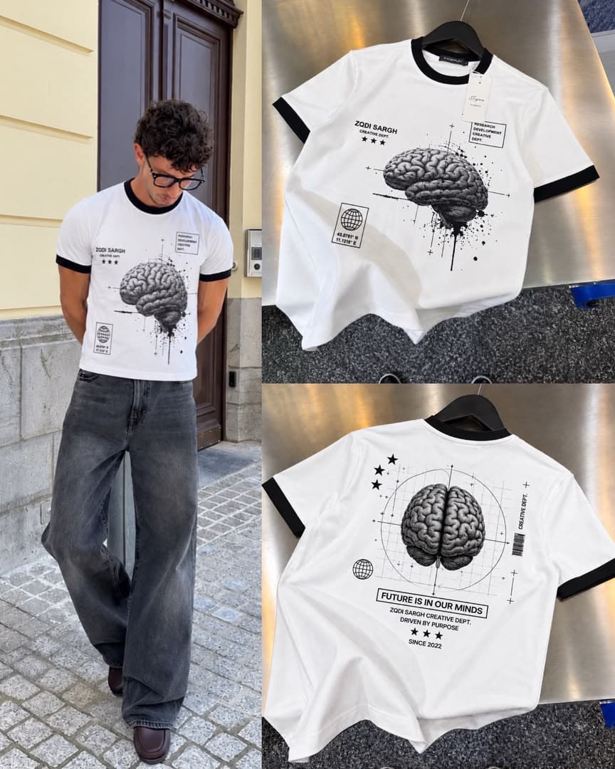 Collage of model wearing white brain graphic t-shirt outdoors plus front and back flat lays with text details.