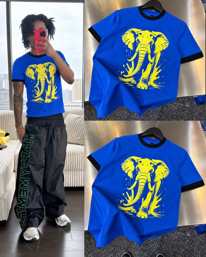 Collage of model in blue elephant graphic t-shirt taking selfie plus front and back flat lays.
