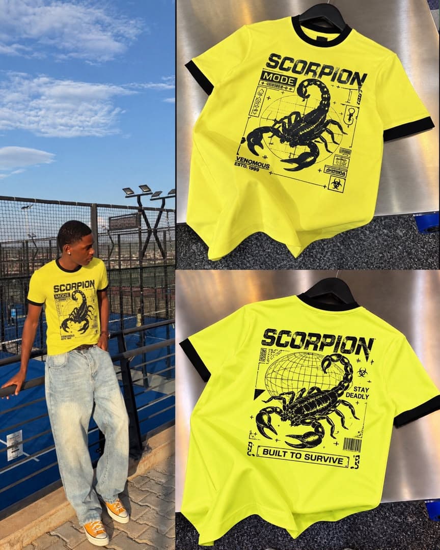 Collage of model wearing yellow scorpion graphic t-shirt outdoors plus front and back flat lays.
