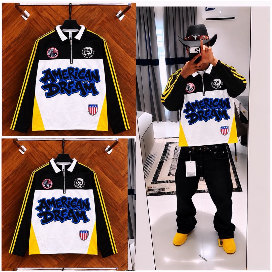 Black and yellow American Dream quarter-zip jacket shown in flat lay and modeled with cowboy hat.