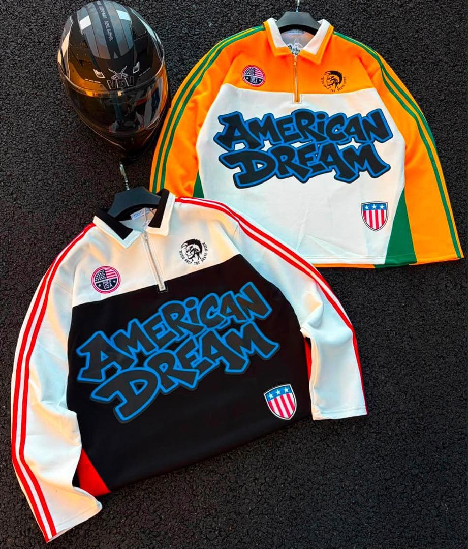 Red and white American Dream graphic track jacket in flat lay and on model wearing with black jeans.