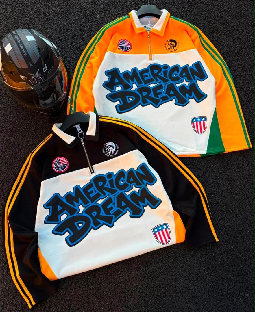 Yellow and green American Dream quarter-zip jacket modeled and flat laid on wooden floor.