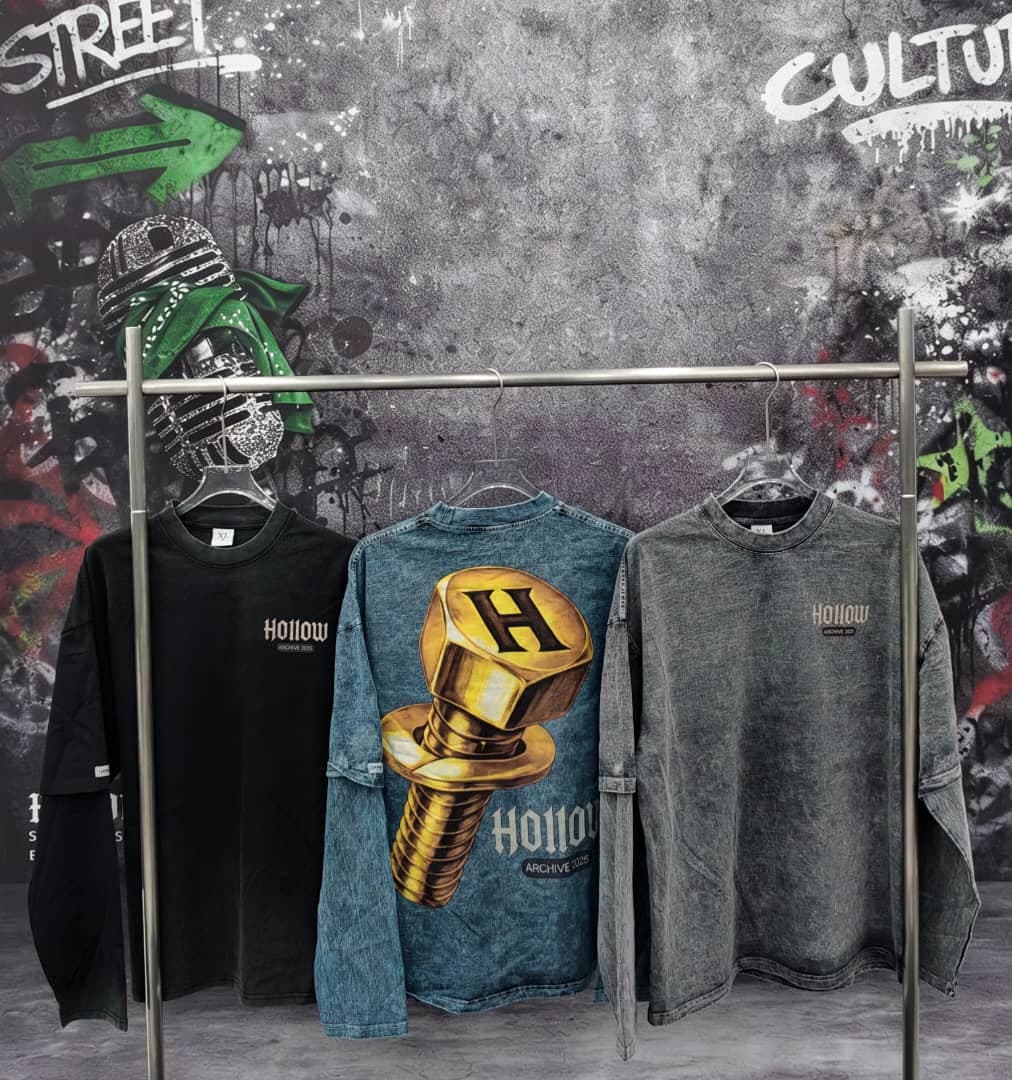 Model wearing gray Hollow graphic t-shirt showing front and back bolt design in multiple poses.