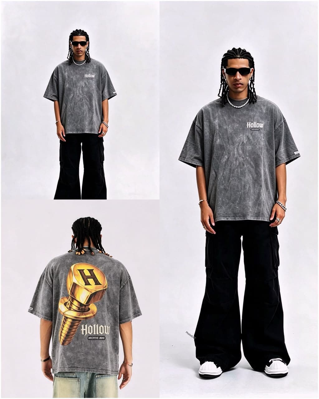 Model wearing burgundy stonewashed History graphic t-shirt, shown in four poses.