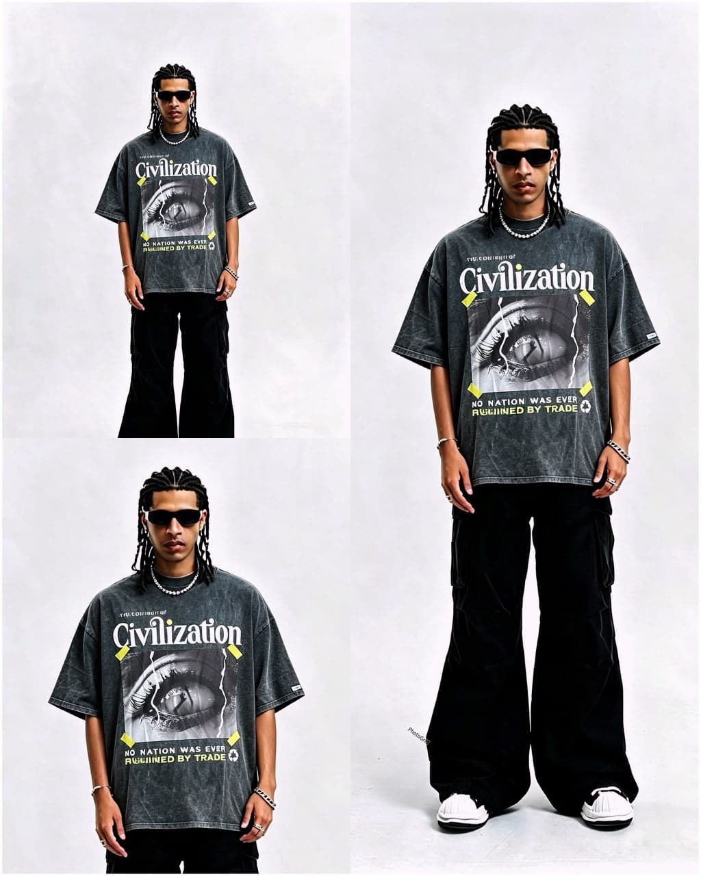 Model wearing gray stonewashed Civilization graphic t-shirt with eye print, shown in four poses.
