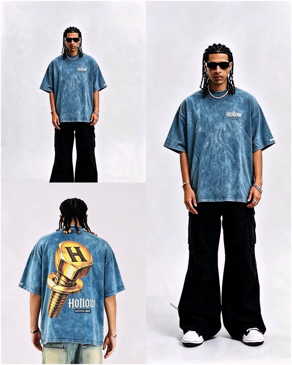 Model wearing blue Hollow graphic t-shirt showing front and back bolt design in multiple poses.